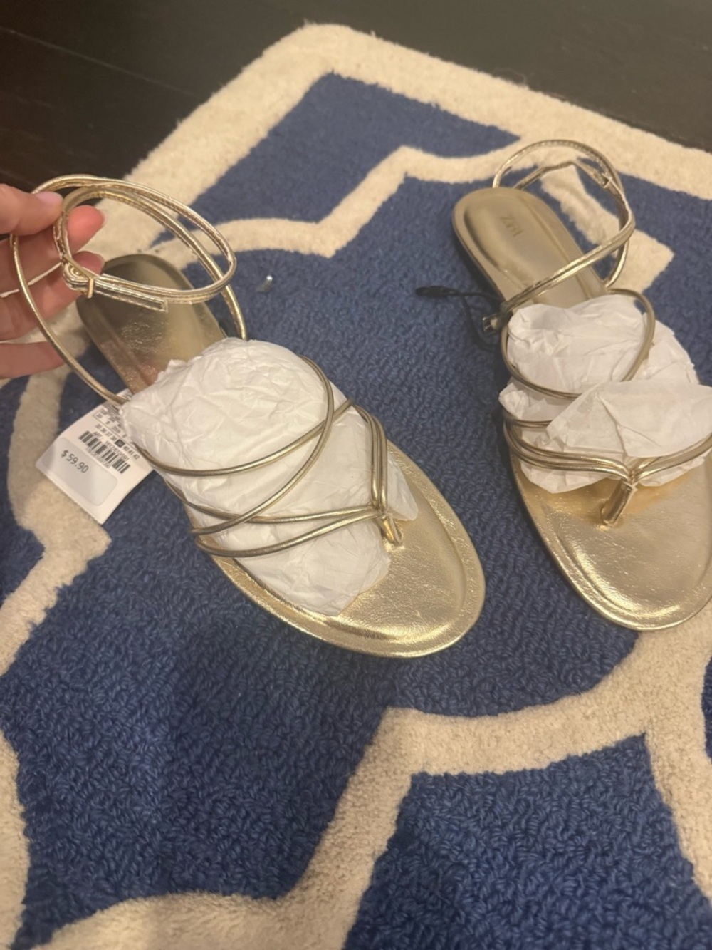 Zara Metallic Gold Strappy Flat Sandals 8/39 - Picture 6 of 6